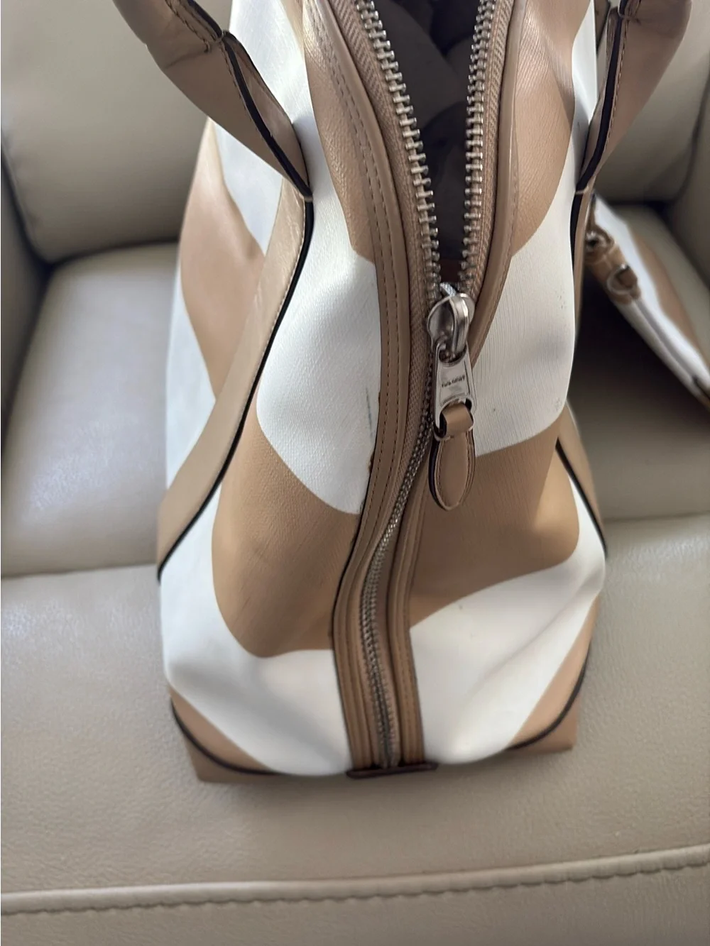 Coach Tan and White Striped bag with Wristlet